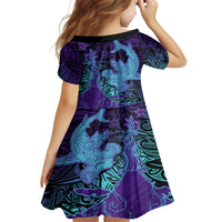 Hawaiian Volcano and Shark Family Matching Off The Shoulder Long Sleeve Dress and Hawaiian Shirt Polynesian and Hibiscus Pattern Purple Cyan Gradient LT03 - Polynesian Pride