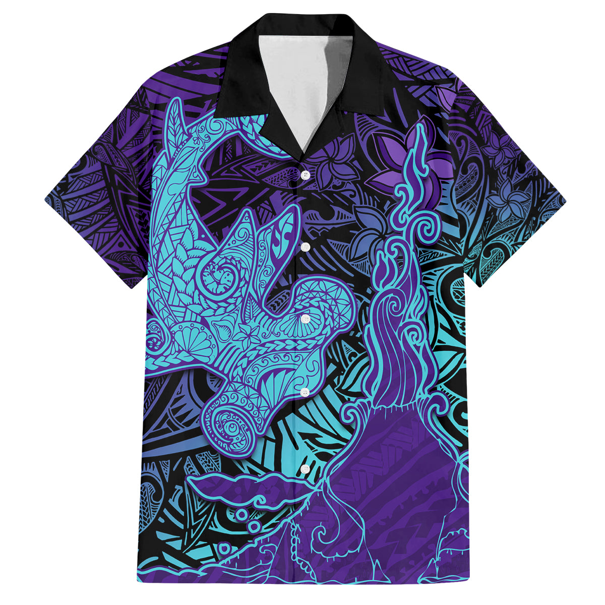 Hawaiian Volcano and Shark Family Matching Off The Shoulder Long Sleeve Dress and Hawaiian Shirt Polynesian and Hibiscus Pattern Purple Cyan Gradient LT03 Dad's Shirt - Short Sleeve Purple - Polynesian Pride