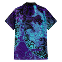 Hawaiian Volcano and Shark Family Matching Off The Shoulder Long Sleeve Dress and Hawaiian Shirt Polynesian and Hibiscus Pattern Purple Cyan Gradient LT03 - Polynesian Pride