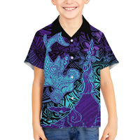 Hawaiian Volcano and Shark Family Matching Off The Shoulder Long Sleeve Dress and Hawaiian Shirt Polynesian and Hibiscus Pattern Purple Cyan Gradient LT03 Son's Shirt Purple - Polynesian Pride