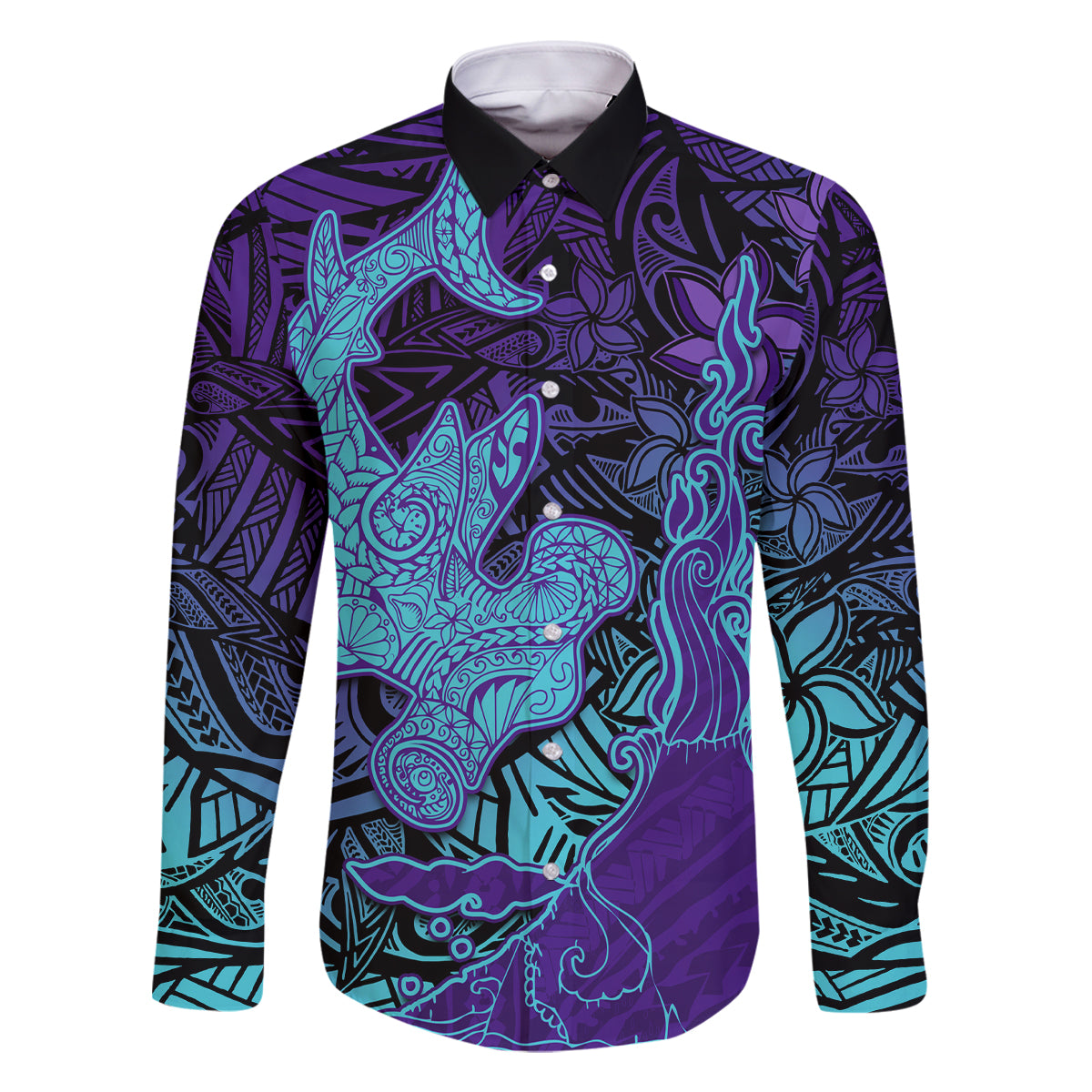 Hawaiian Volcano and Shark Family Matching Off Shoulder Short Dress and Hawaiian Shirt Polynesian and Hibiscus Pattern Purple Cyan Gradient LT03 Dad's Shirt - Long Sleeve Purple - Polynesian Pride