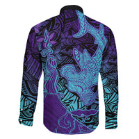 Hawaiian Volcano and Shark Family Matching Off Shoulder Short Dress and Hawaiian Shirt Polynesian and Hibiscus Pattern Purple Cyan Gradient LT03 - Polynesian Pride
