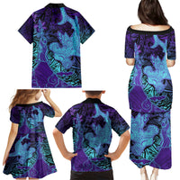 Hawaiian Volcano and Shark Family Matching Puletasi and Hawaiian Shirt Polynesian and Hibiscus Pattern Purple Cyan Gradient