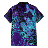 Hawaiian Volcano and Shark Family Matching Puletasi and Hawaiian Shirt Polynesian and Hibiscus Pattern Purple Cyan Gradient