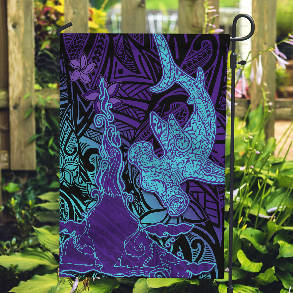 Hawaiian Volcano and Shark Garden Flag Polynesian and Hibiscus Pattern Purple Cyan Gradient LT03 Garden Flag Purple - Polynesian Pride