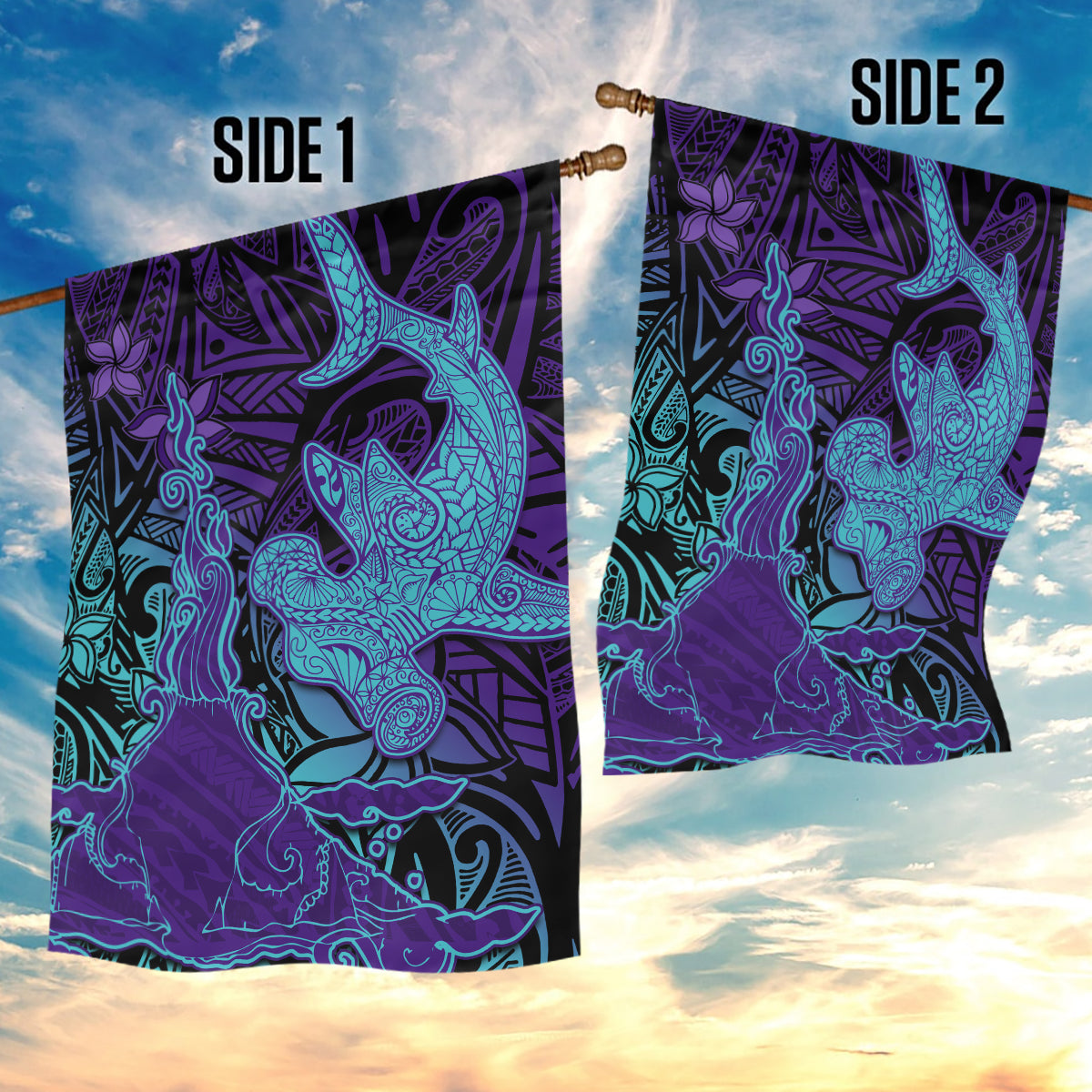 Hawaiian Volcano and Shark Garden Flag Polynesian and Hibiscus Pattern Purple Cyan Gradient LT03 - Polynesian Pride