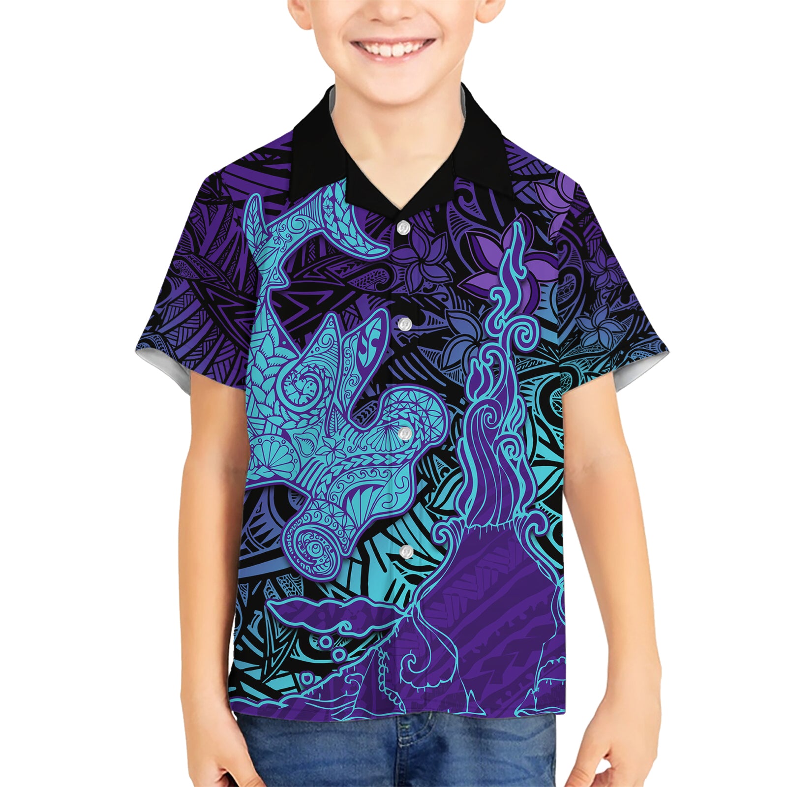 Hawaiian Volcano and Shark Kid Hawaiian Shirt Polynesian and Hibiscus Pattern Purple Cyan Gradient LT03 Kid Purple - Polynesian Pride