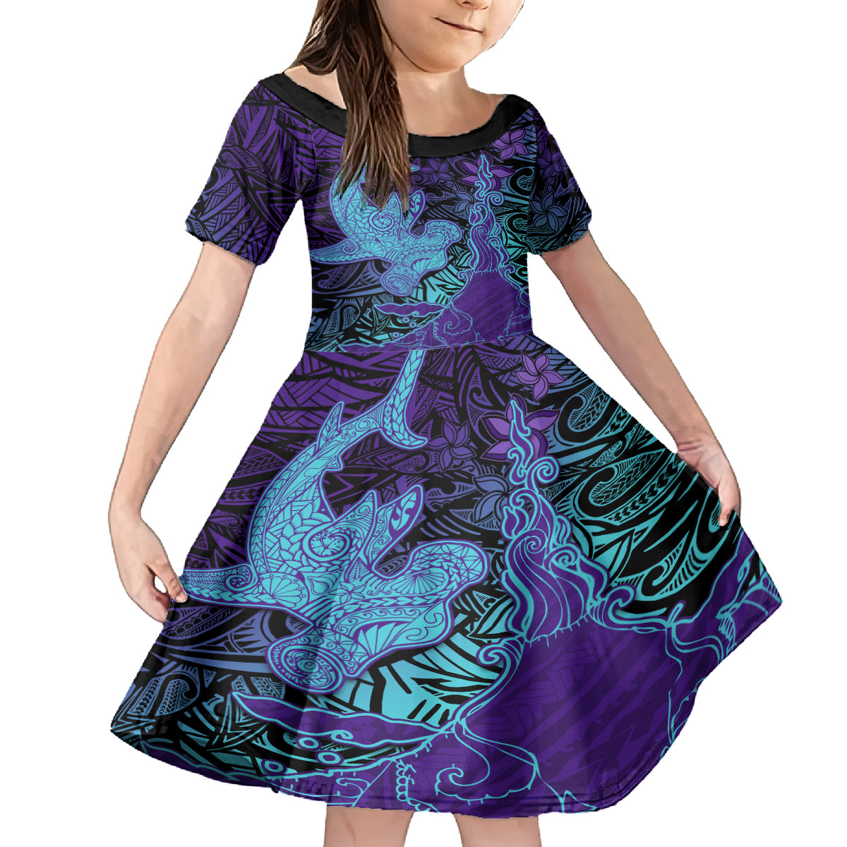 Hawaiian Volcano and Shark Kid Short Sleeve Dress Polynesian and Hibiscus Pattern Purple Cyan Gradient