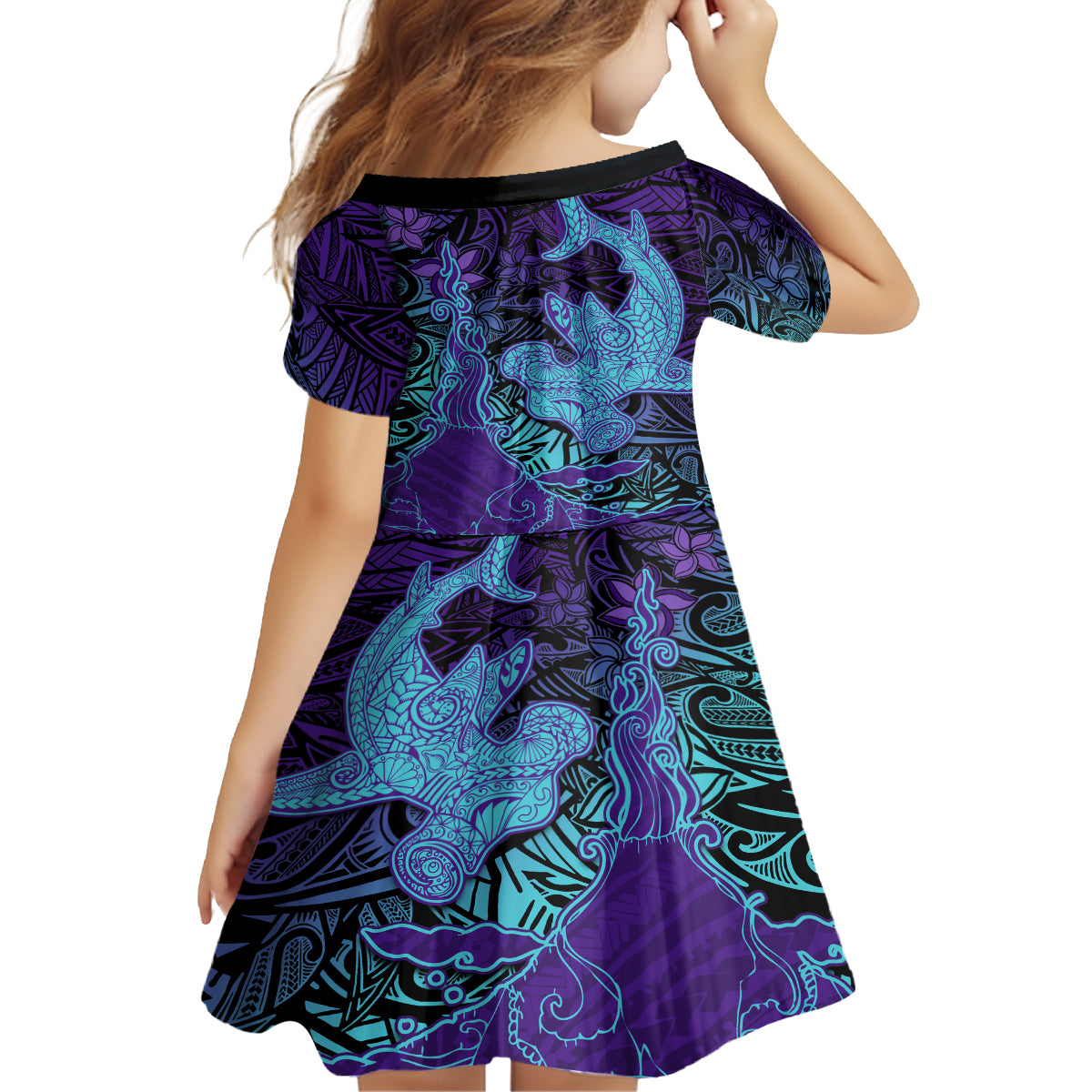 Hawaiian Volcano and Shark Kid Short Sleeve Dress Polynesian and Hibiscus Pattern Purple Cyan Gradient