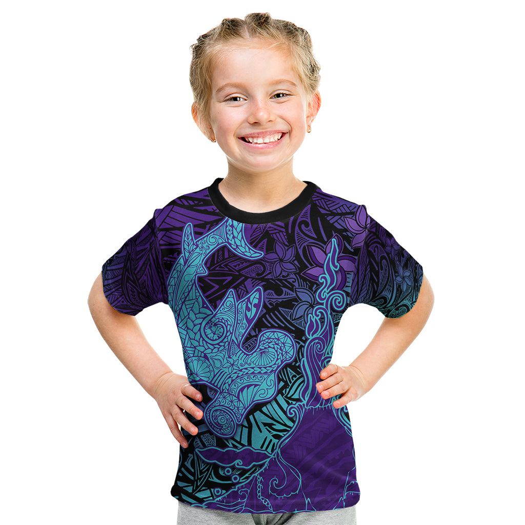 Hawaiian Volcano and Shark Kid T Shirt Polynesian and Hibiscus Pattern Purple Cyan Gradient LT03 Purple - Polynesian Pride