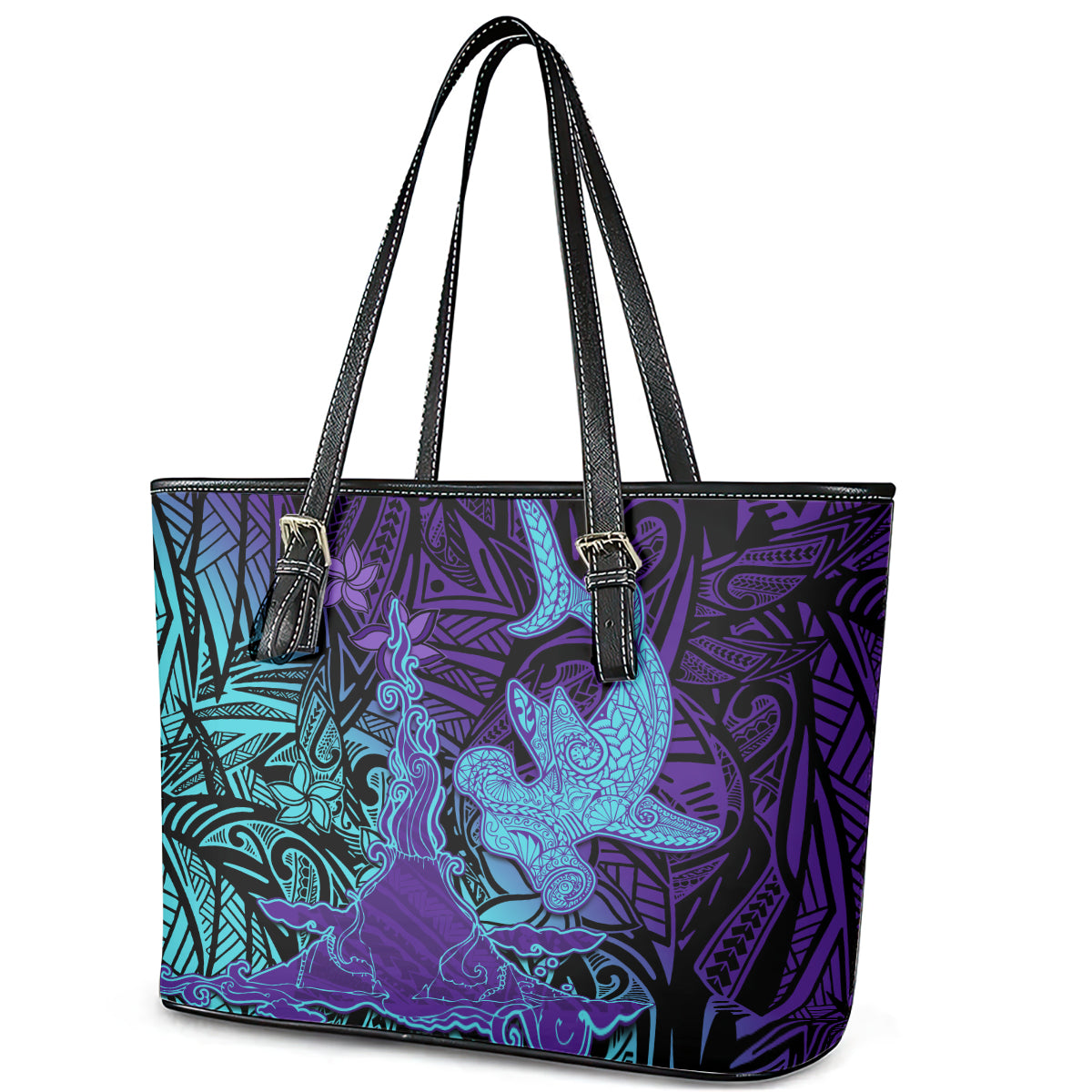 Hawaiian Volcano and Shark Leather Tote Bag Polynesian and Hibiscus Pattern Purple Cyan Gradient