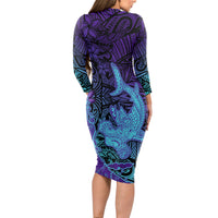 Hawaiian Volcano and Shark Long Sleeve Bodycon Dress Polynesian and Hibiscus Pattern Purple Cyan Gradient