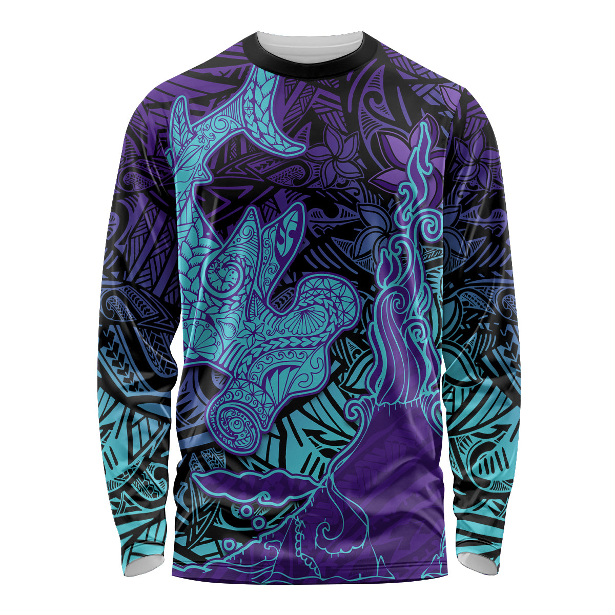 Hawaiian Volcano and Shark Long Sleeve Shirt Polynesian and Hibiscus Pattern Purple Cyan Gradient LT03 Unisex Purple - Polynesian Pride