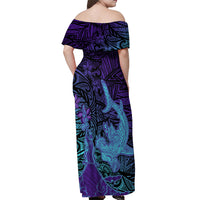 Hawaiian Volcano and Shark Off Shoulder Maxi Dress Polynesian and Hibiscus Pattern Purple Cyan Gradient