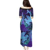 Hawaiian Volcano and Shark Puletasi Polynesian and Hibiscus Pattern Purple Cyan Gradient