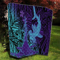 Hawaiian Volcano and Shark Quilt Polynesian and Hibiscus Pattern Purple Cyan Gradient