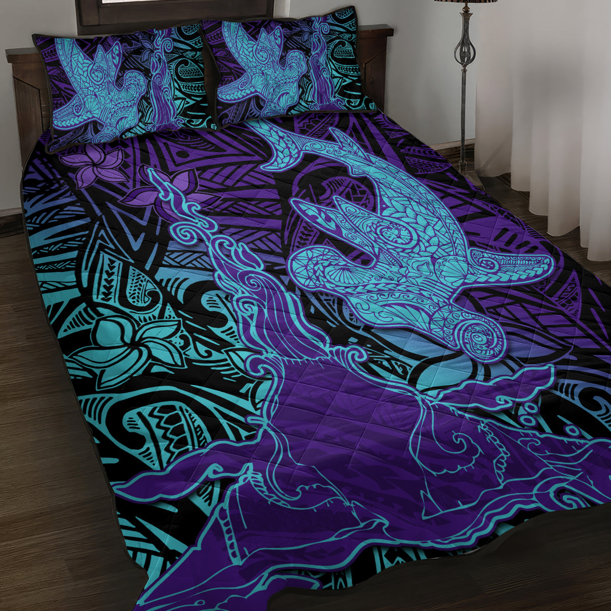 Hawaiian Volcano and Shark Quilt Bed Set Polynesian and Hibiscus Pattern Purple Cyan Gradient LT03 Purple - Polynesian Pride