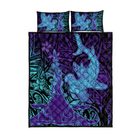 Hawaiian Volcano and Shark Quilt Bed Set Polynesian and Hibiscus Pattern Purple Cyan Gradient LT03 - Polynesian Pride