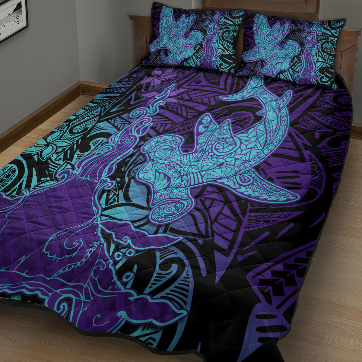 Hawaiian Volcano and Shark Quilt Bed Set Polynesian and Hibiscus Pattern Purple Cyan Gradient LT03 - Polynesian Pride