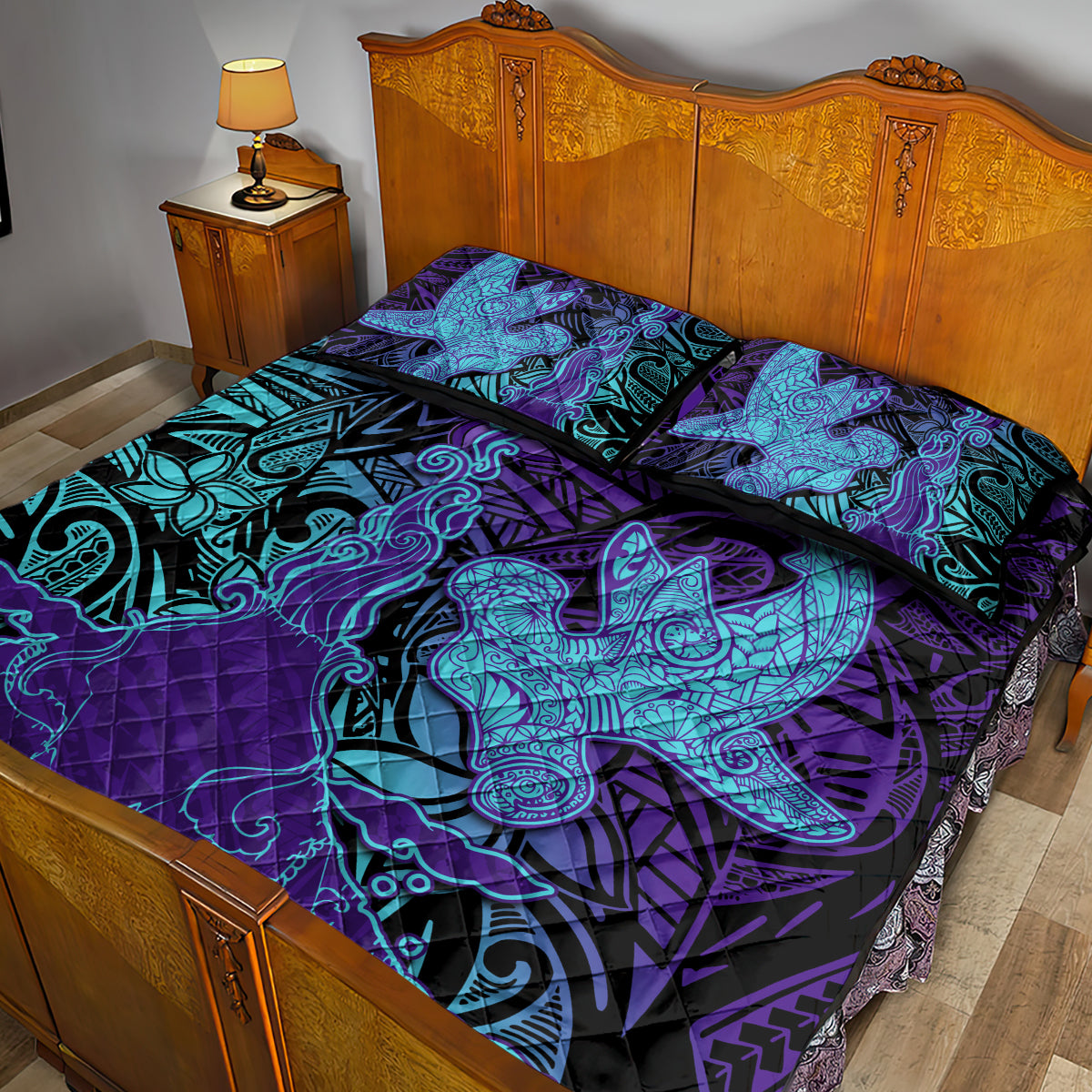 Hawaiian Volcano and Shark Quilt Bed Set Polynesian and Hibiscus Pattern Purple Cyan Gradient LT03 - Polynesian Pride
