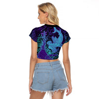 Hawaiian Volcano and Shark Raglan Cropped T Shirt Polynesian and Hibiscus Pattern Purple Cyan Gradient