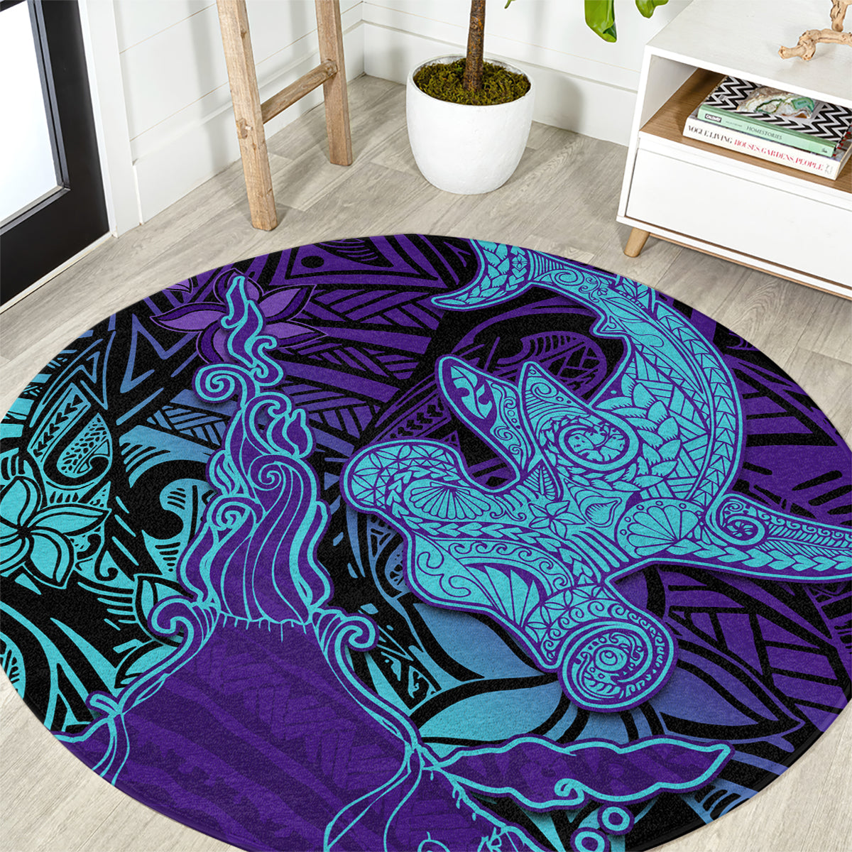 Hawaiian Volcano and Shark Round Carpet Polynesian and Hibiscus Pattern Purple Cyan Gradient LT03 Purple - Polynesian Pride