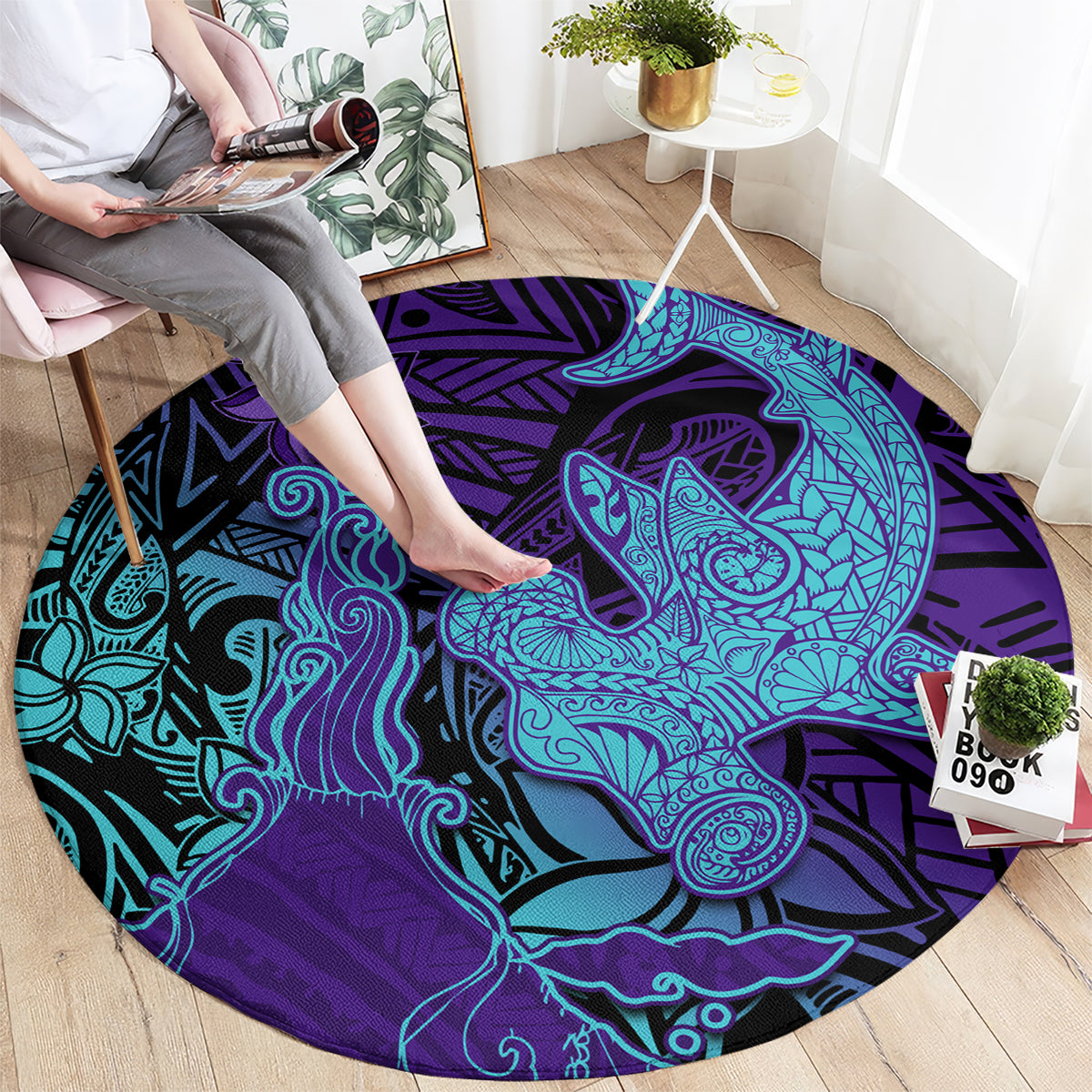 Hawaiian Volcano and Shark Round Carpet Polynesian and Hibiscus Pattern Purple Cyan Gradient LT03 - Polynesian Pride