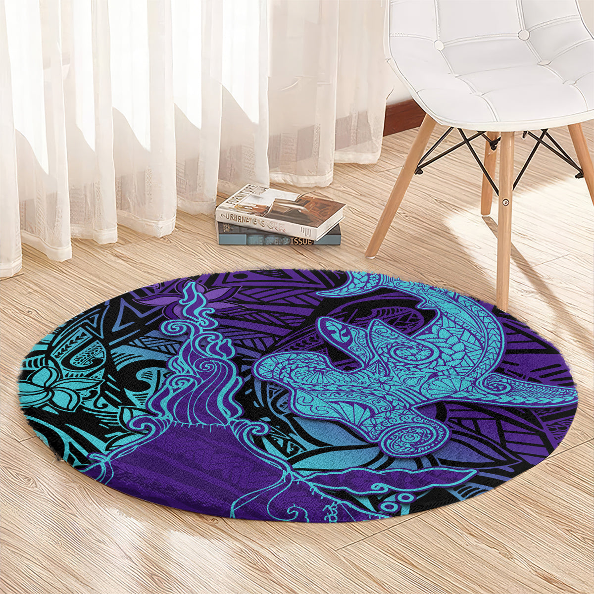 Hawaiian Volcano and Shark Round Carpet Polynesian and Hibiscus Pattern Purple Cyan Gradient LT03 - Polynesian Pride