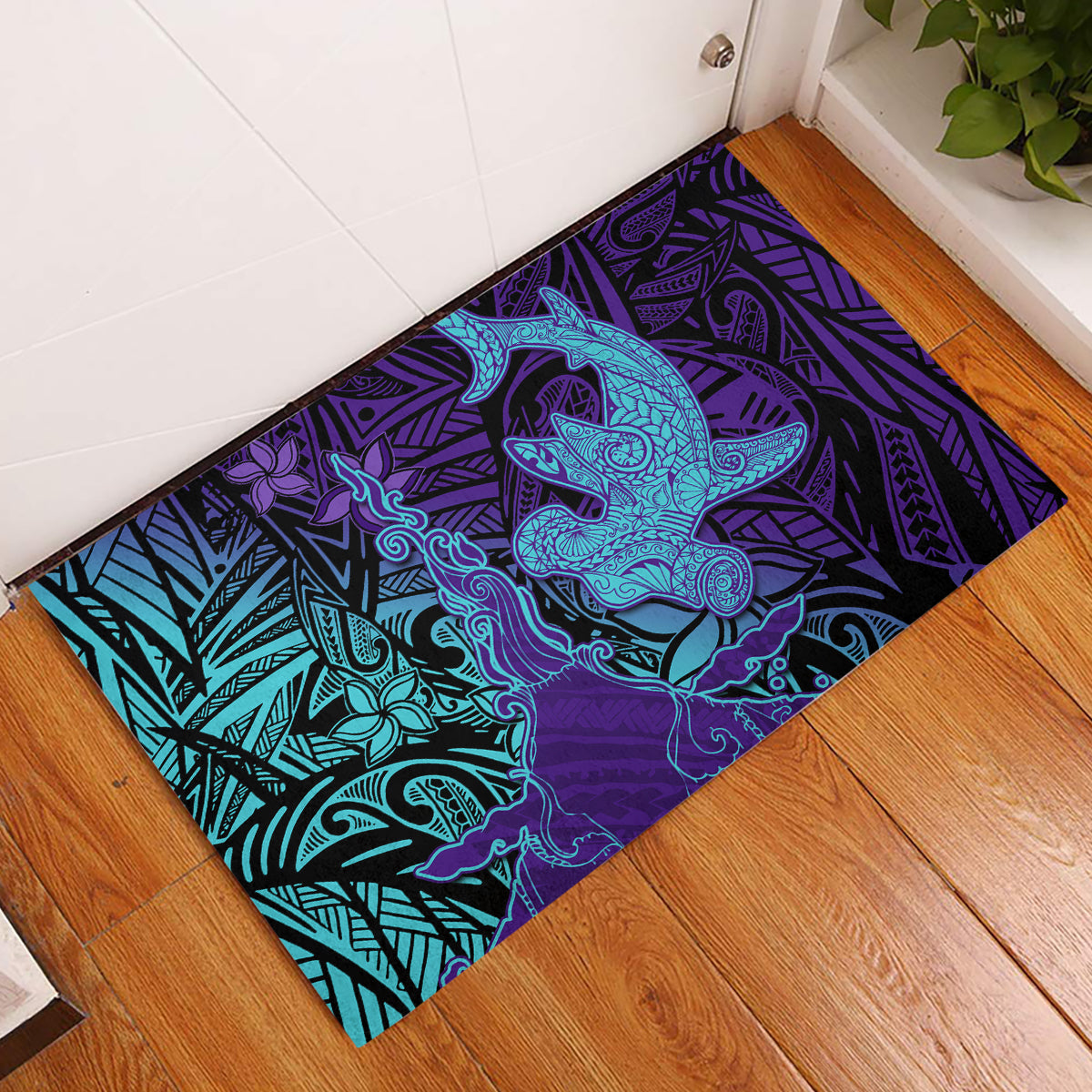 Hawaiian Volcano and Shark Rubber Doormat Polynesian and Hibiscus Pattern Purple Cyan Gradient LT03 Purple - Polynesian Pride