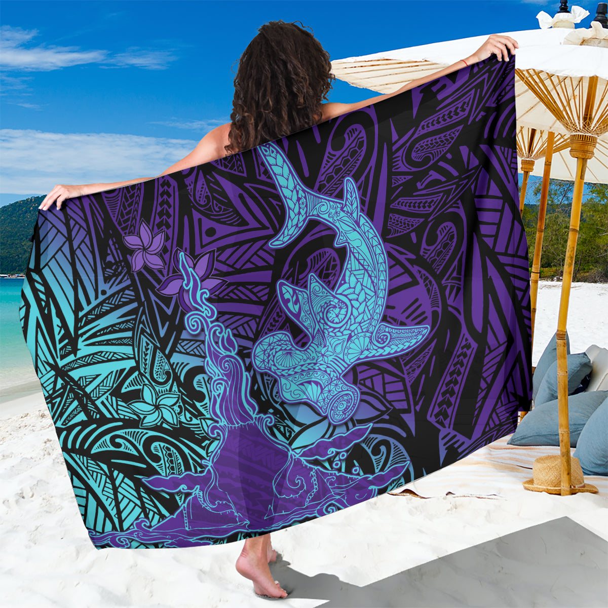 Hawaiian Volcano and Shark Sarong Polynesian and Hibiscus Pattern Purple Cyan Gradient