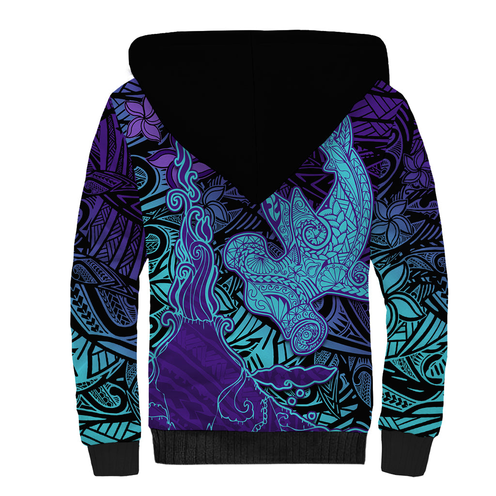 Hawaiian Volcano and Shark Sherpa Hoodie Polynesian and Hibiscus Pattern Purple Cyan Gradient
