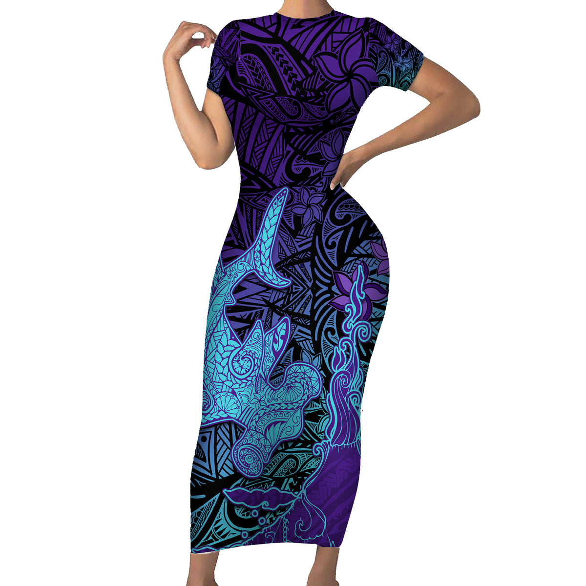 Hawaiian Volcano and Shark Short Sleeve Bodycon Dress Polynesian and Hibiscus Pattern Purple Cyan Gradient LT03 Long Dress Purple - Polynesian Pride