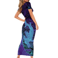 Hawaiian Volcano and Shark Short Sleeve Bodycon Dress Polynesian and Hibiscus Pattern Purple Cyan Gradient LT03 - Polynesian Pride