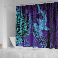 Hawaiian Volcano and Shark Shower Curtain Polynesian and Hibiscus Pattern Purple Cyan Gradient