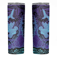 Hawaiian Volcano and Shark Skinny Tumbler Polynesian and Hibiscus Pattern Purple Cyan Gradient