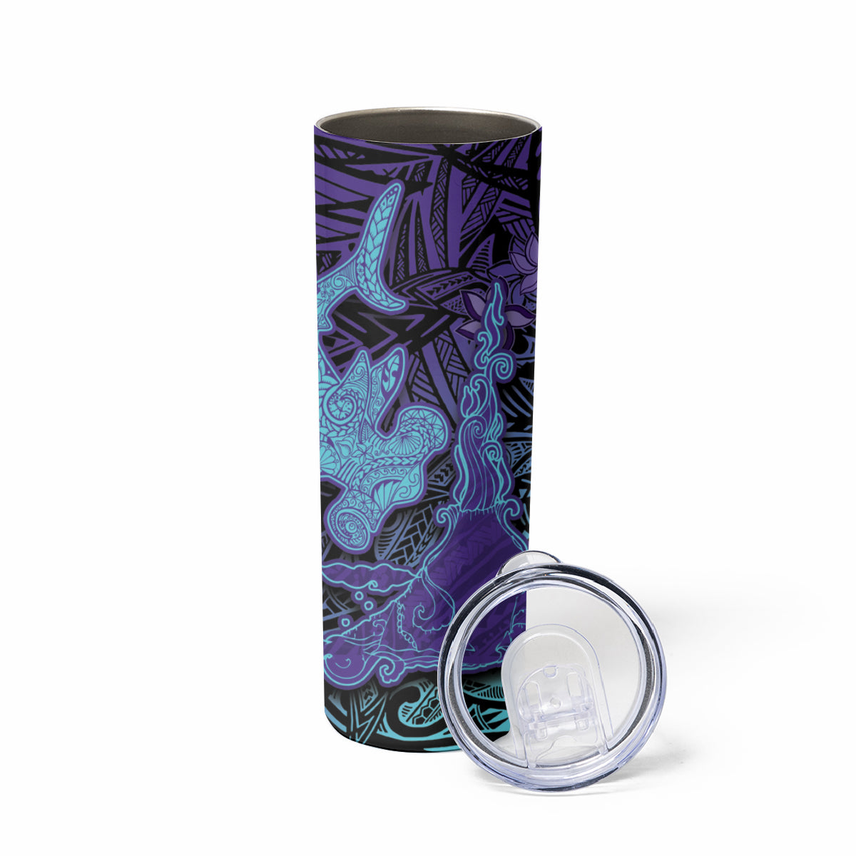 Hawaiian Volcano and Shark Skinny Tumbler Polynesian and Hibiscus Pattern Purple Cyan Gradient