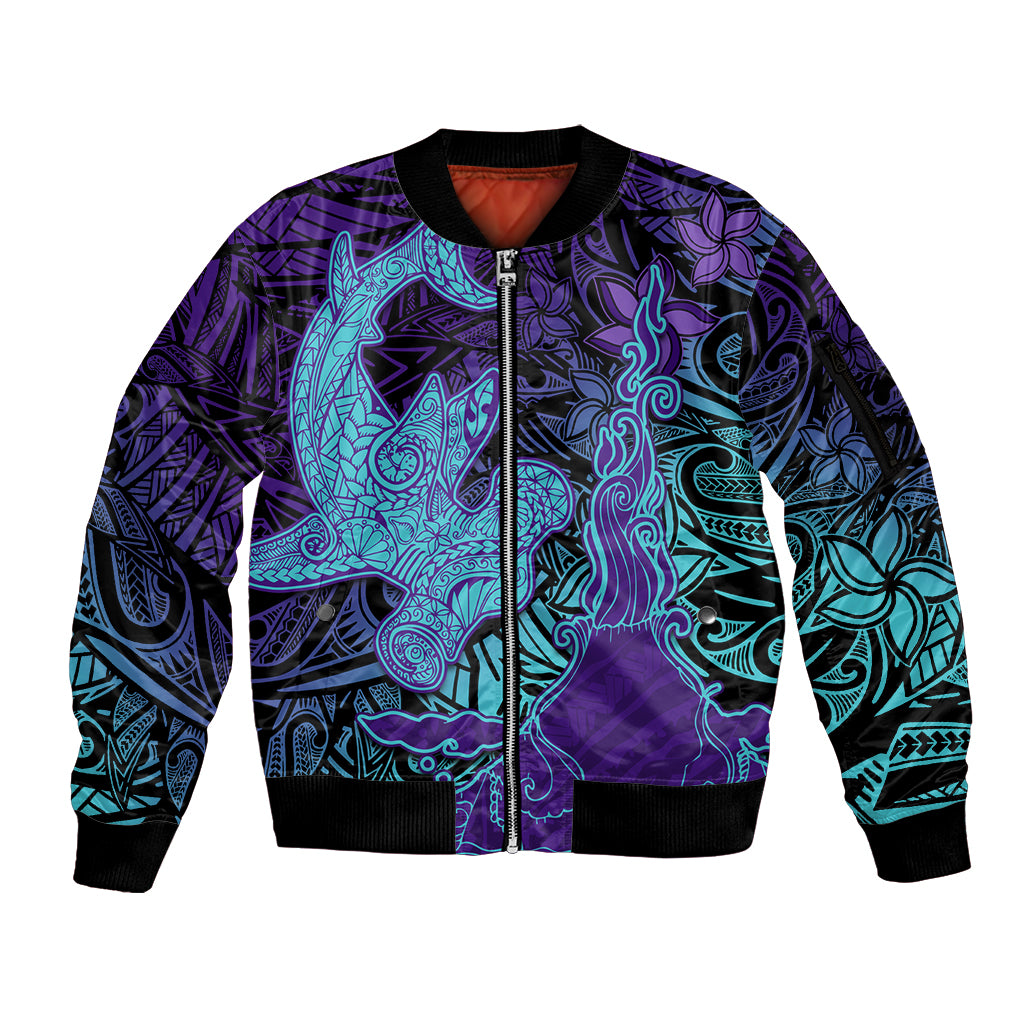 Hawaiian Volcano and Shark Sleeve Zip Bomber Jacket Polynesian and Hibiscus Pattern Purple Cyan Gradient LT03 Unisex Purple - Polynesian Pride