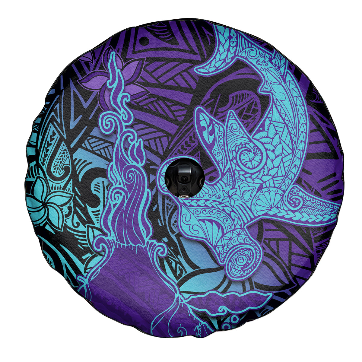 Hawaiian Volcano and Shark Spare Tire Cover Polynesian and Hibiscus Pattern Purple Cyan Gradient