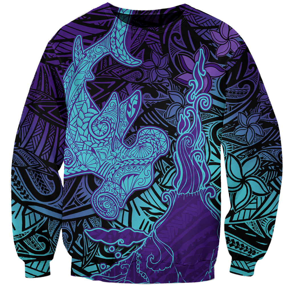 Hawaiian Volcano and Shark Sweatshirt Polynesian and Hibiscus Pattern Purple Cyan Gradient LT03 Unisex Purple - Polynesian Pride