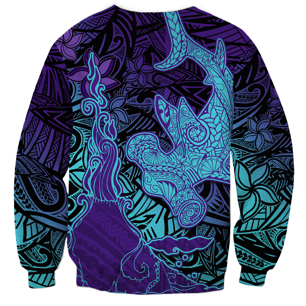 Hawaiian Volcano and Shark Sweatshirt Polynesian and Hibiscus Pattern Purple Cyan Gradient LT03 - Polynesian Pride