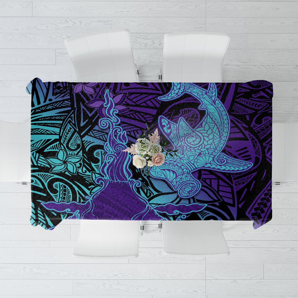 Hawaiian Volcano and Shark Tablecloth Polynesian and Hibiscus Pattern Purple Cyan Gradient LT03 Purple - Polynesian Pride