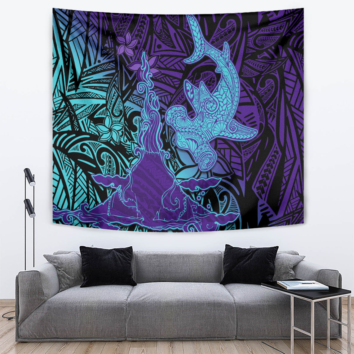 Hawaiian Volcano and Shark Tapestry Polynesian and Hibiscus Pattern Purple Cyan Gradient LT03 Purple - Polynesian Pride