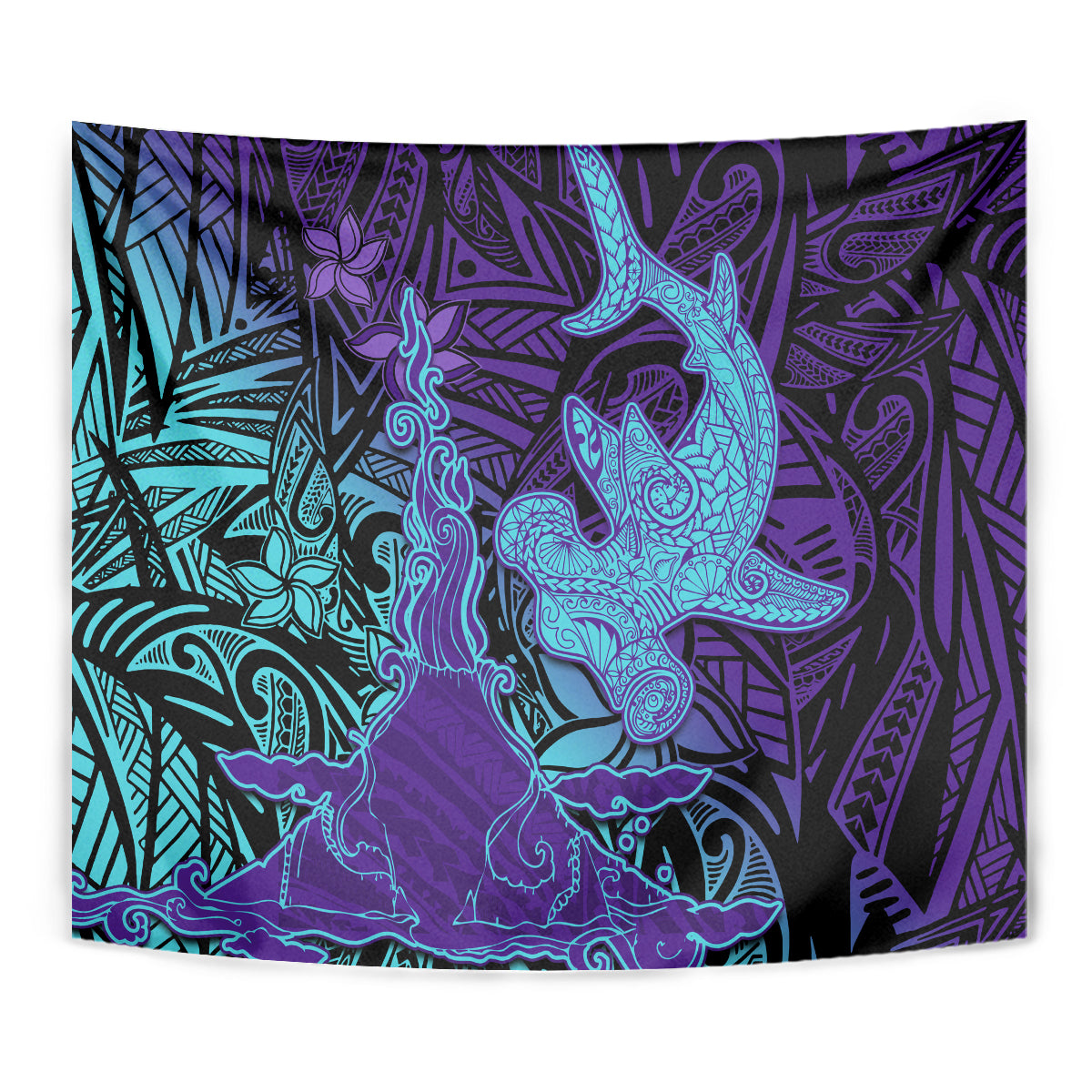 Hawaiian Volcano and Shark Tapestry Polynesian and Hibiscus Pattern Purple Cyan Gradient LT03 - Polynesian Pride