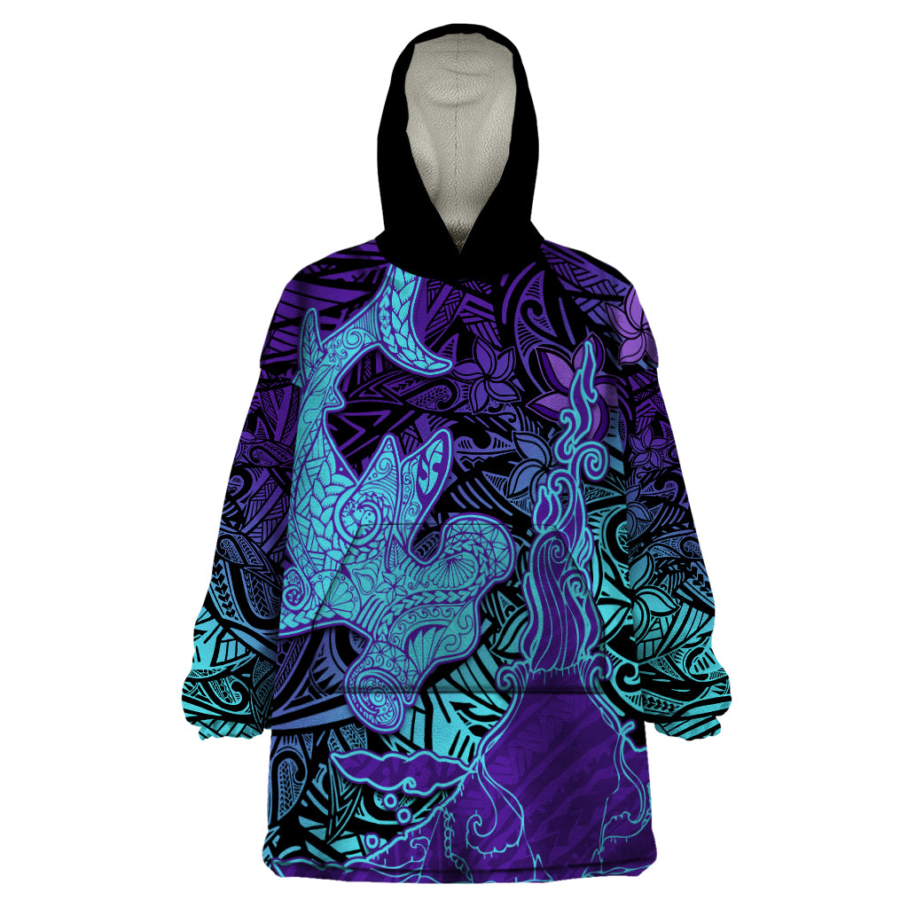 Hawaiian Volcano and Shark Wearable Blanket Hoodie Polynesian and Hibiscus Pattern Purple Cyan Gradient LT03 One Size Purple - Polynesian Pride