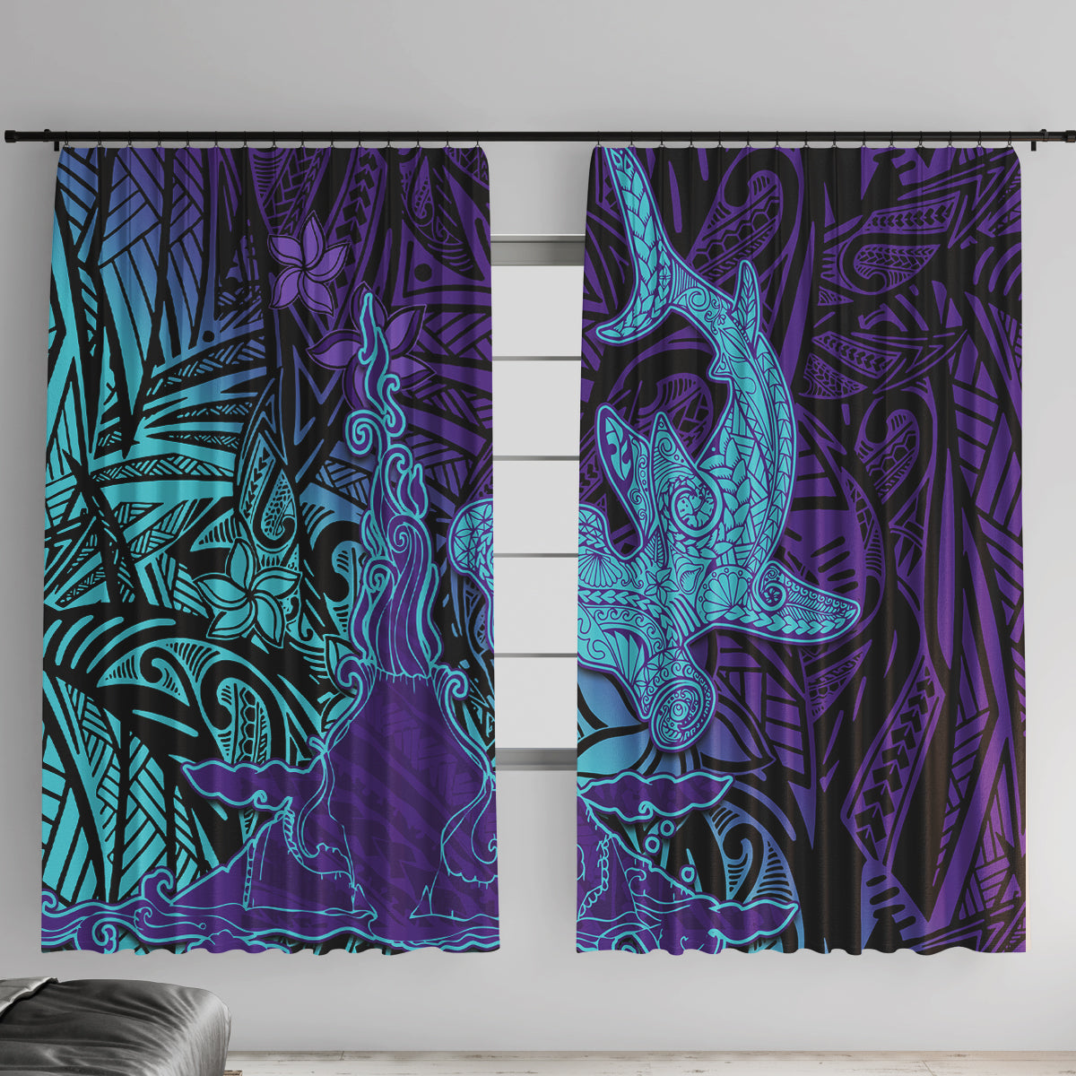 Hawaiian Volcano and Shark Window Curtain Polynesian and Hibiscus Pattern Purple Cyan Gradient LT03 With Hooks Purple - Polynesian Pride