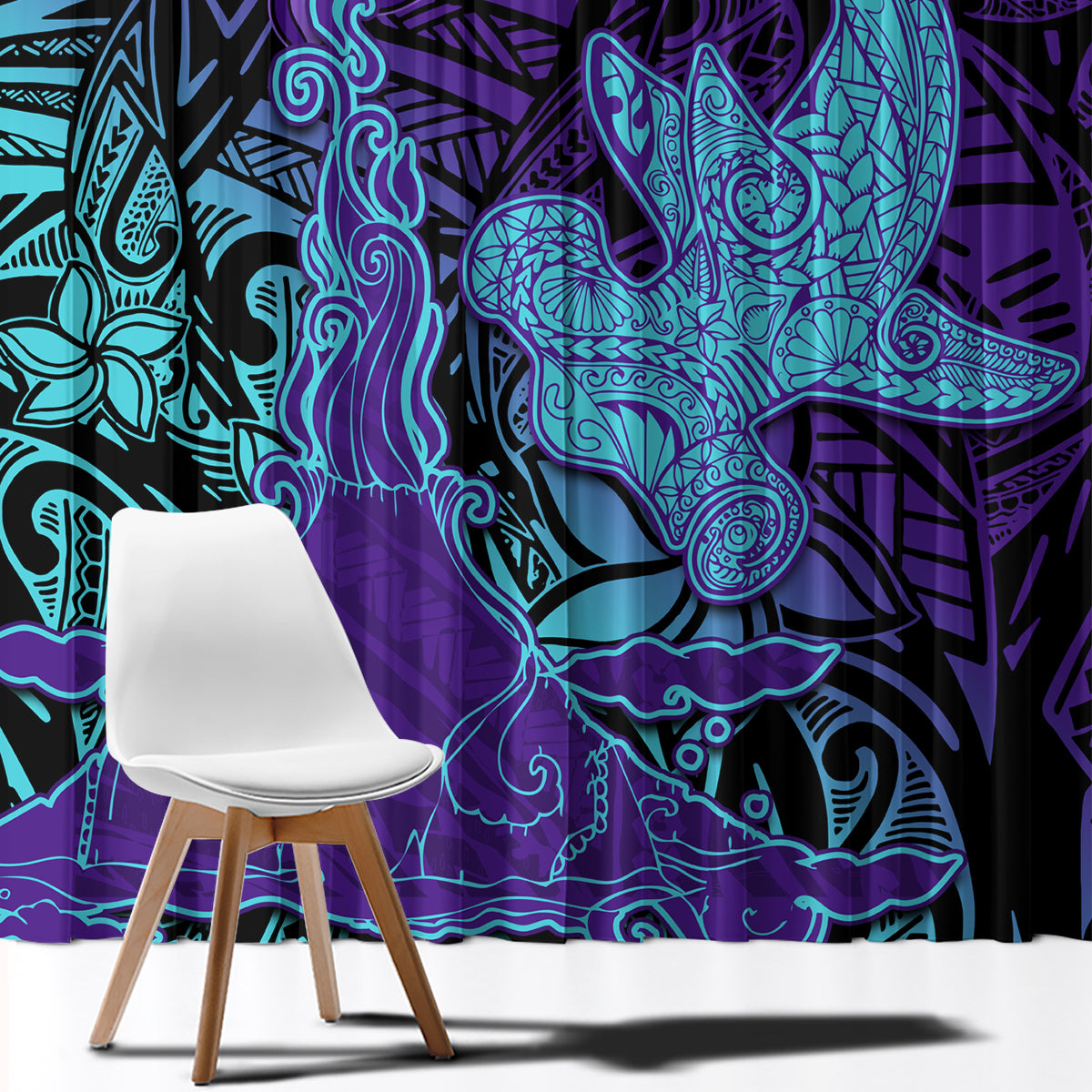 Hawaiian Volcano and Shark Window Curtain Polynesian and Hibiscus Pattern Purple Cyan Gradient LT03 - Polynesian Pride