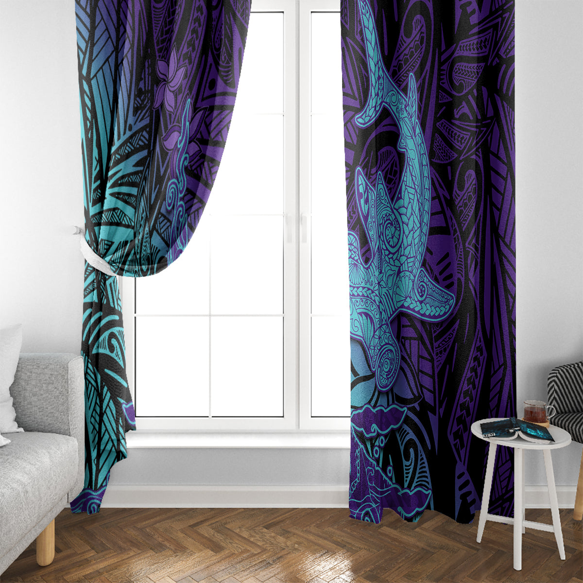 Hawaiian Volcano and Shark Window Curtain Polynesian and Hibiscus Pattern Purple Cyan Gradient LT03 - Polynesian Pride