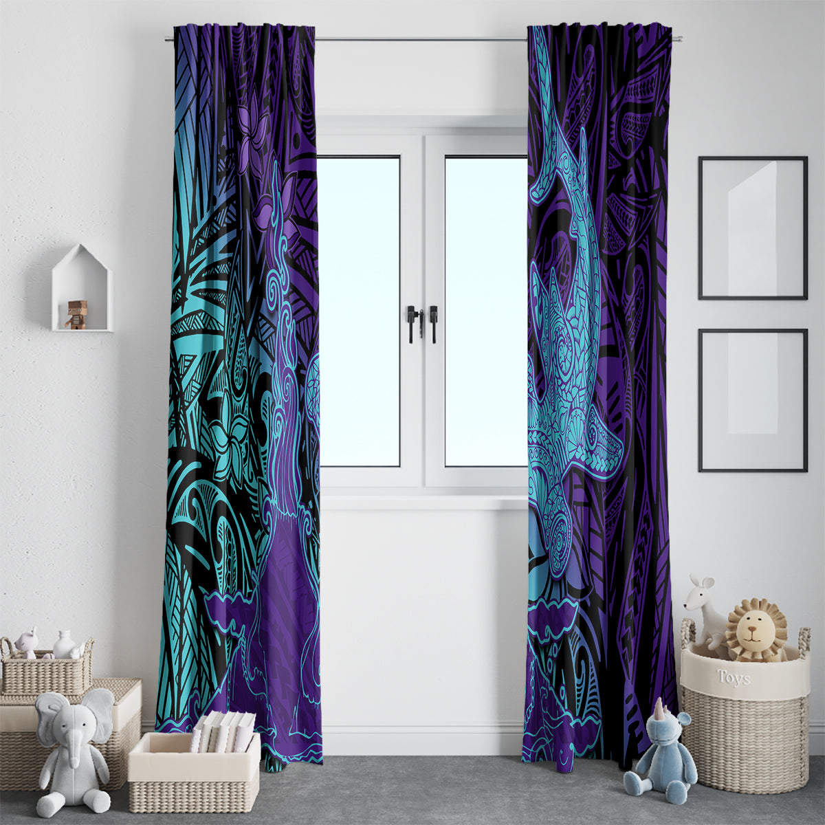 Hawaiian Volcano and Shark Window Curtain Polynesian and Hibiscus Pattern Purple Cyan Gradient LT03 - Polynesian Pride