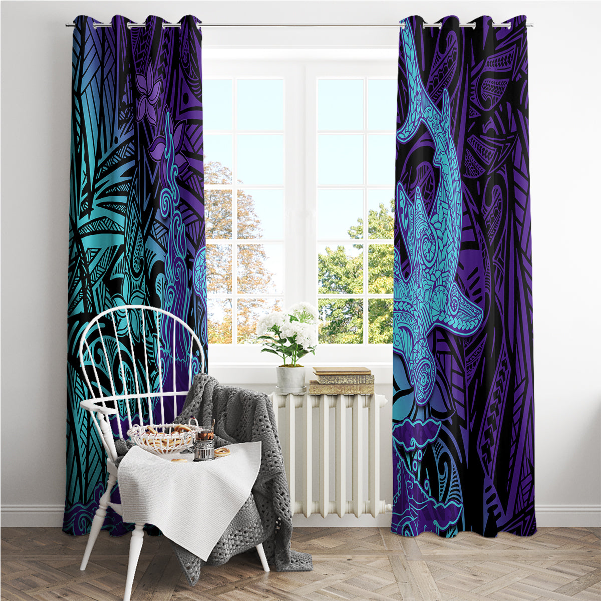 Hawaiian Volcano and Shark Window Curtain Polynesian and Hibiscus Pattern Purple Cyan Gradient LT03 - Polynesian Pride