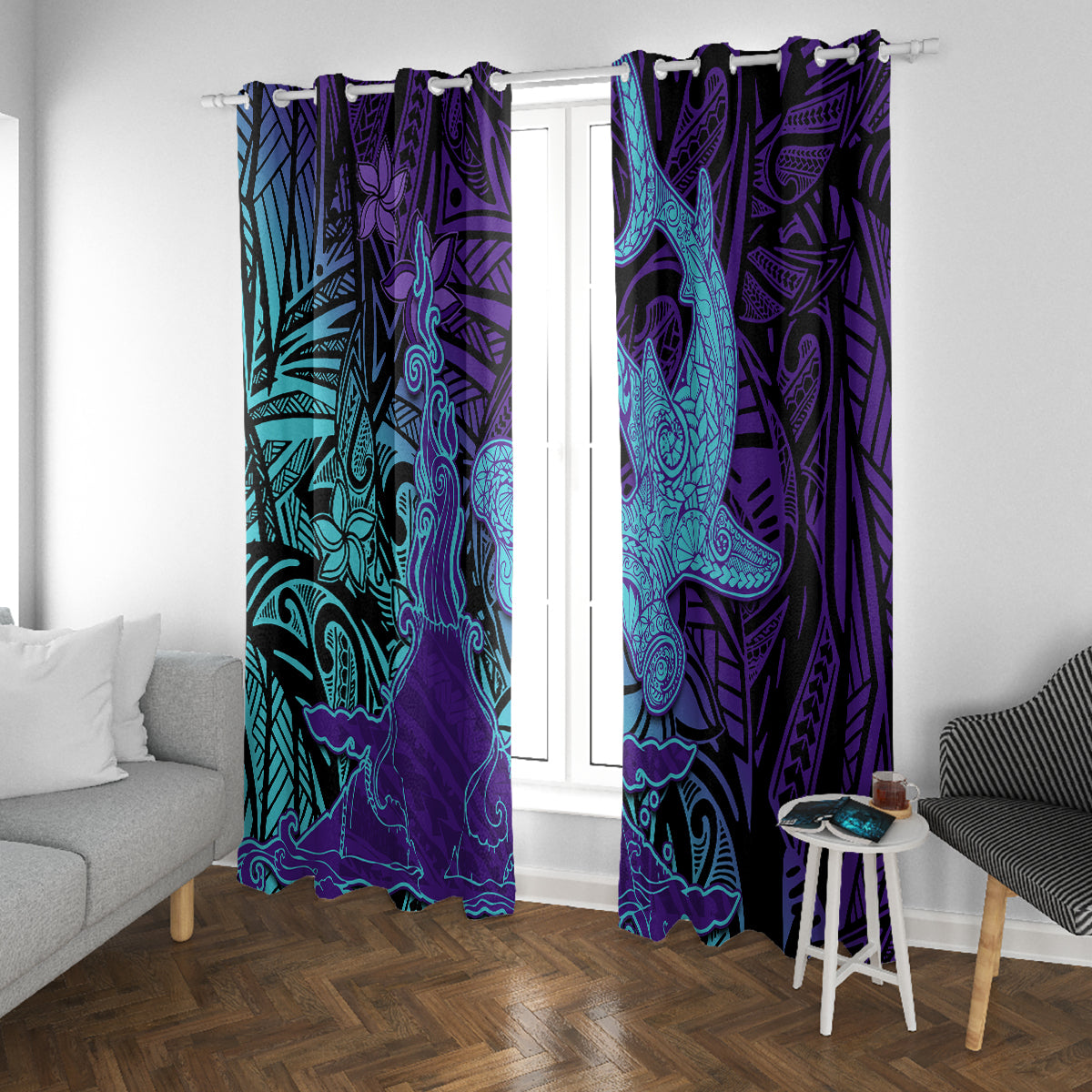 Hawaiian Volcano and Shark Window Curtain Polynesian and Hibiscus Pattern Purple Cyan Gradient LT03 With Grommets Purple - Polynesian Pride